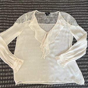 Paige White Long Sleeve Lace Yoke Ruffle Front Silk Blouse - Medium